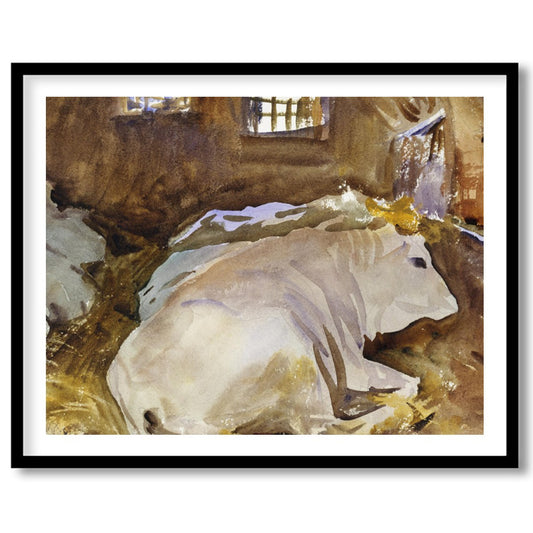 This tranquil watercolor painting captures the peaceful essence of farm life, with cows resting in for abode