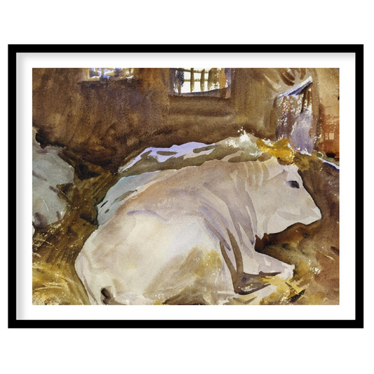 This tranquil watercolor painting captures the peaceful essence of farm life, with cows resting in for abode
