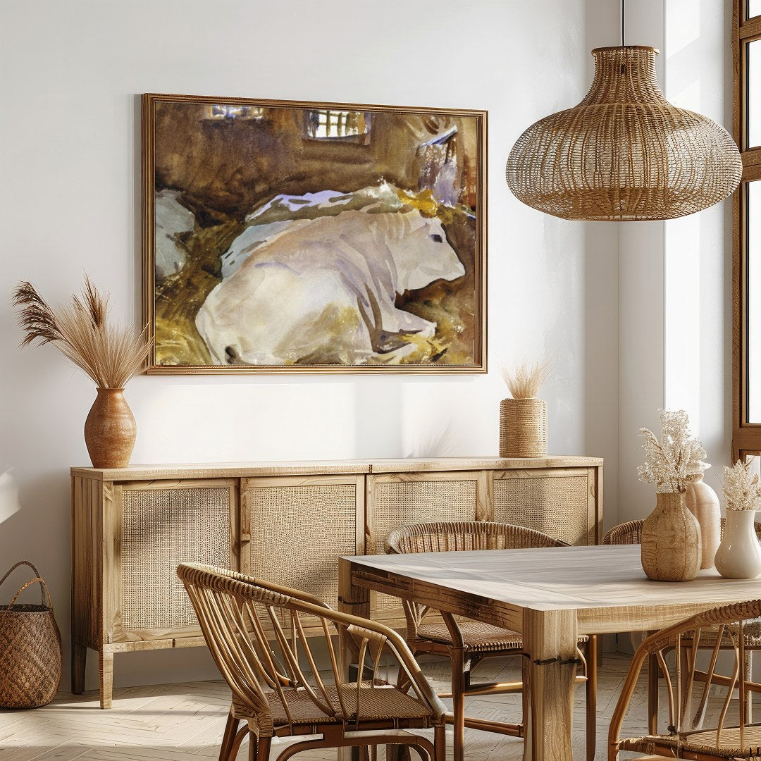 This tranquil watercolor painting captures the peaceful essence of farm life, with cows resting in for Dining