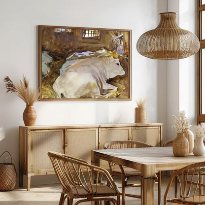 This tranquil watercolor painting captures the peaceful essence of farm life, with cows resting in for Dining
