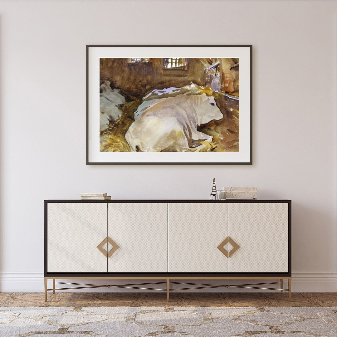 This tranquil watercolor painting captures the peaceful essence of farm life, with cows resting in for Foyer