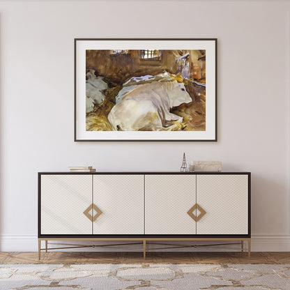 This tranquil watercolor painting captures the peaceful essence of farm life, with cows resting in for Foyer