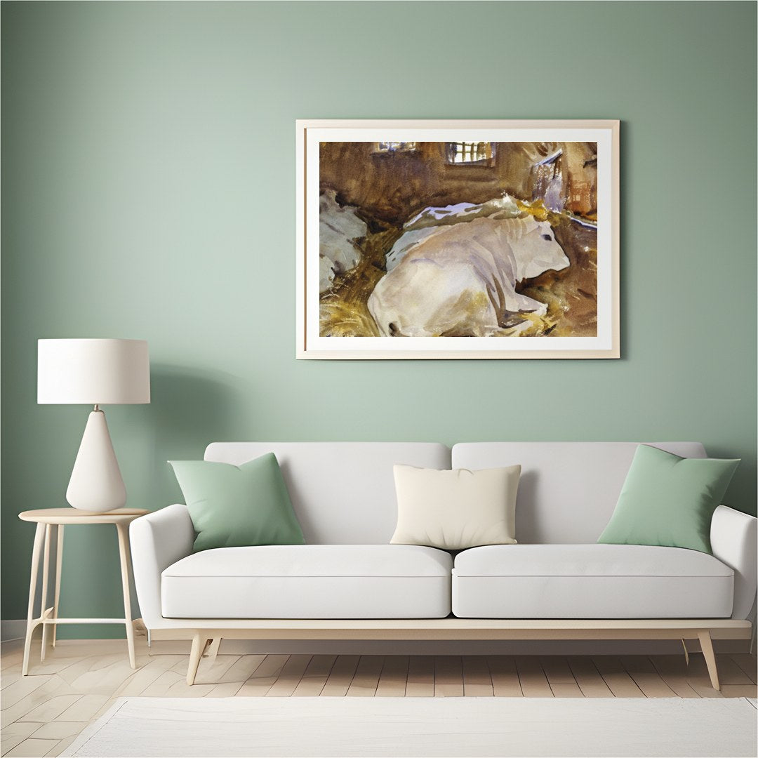 This tranquil watercolor painting captures the peaceful essence of farm life, with cows resting in for Hall