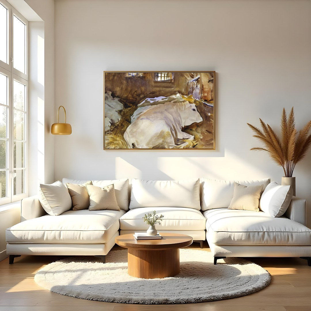 This tranquil watercolor painting captures the peaceful essence of farm life, with cows resting in for Living Room
