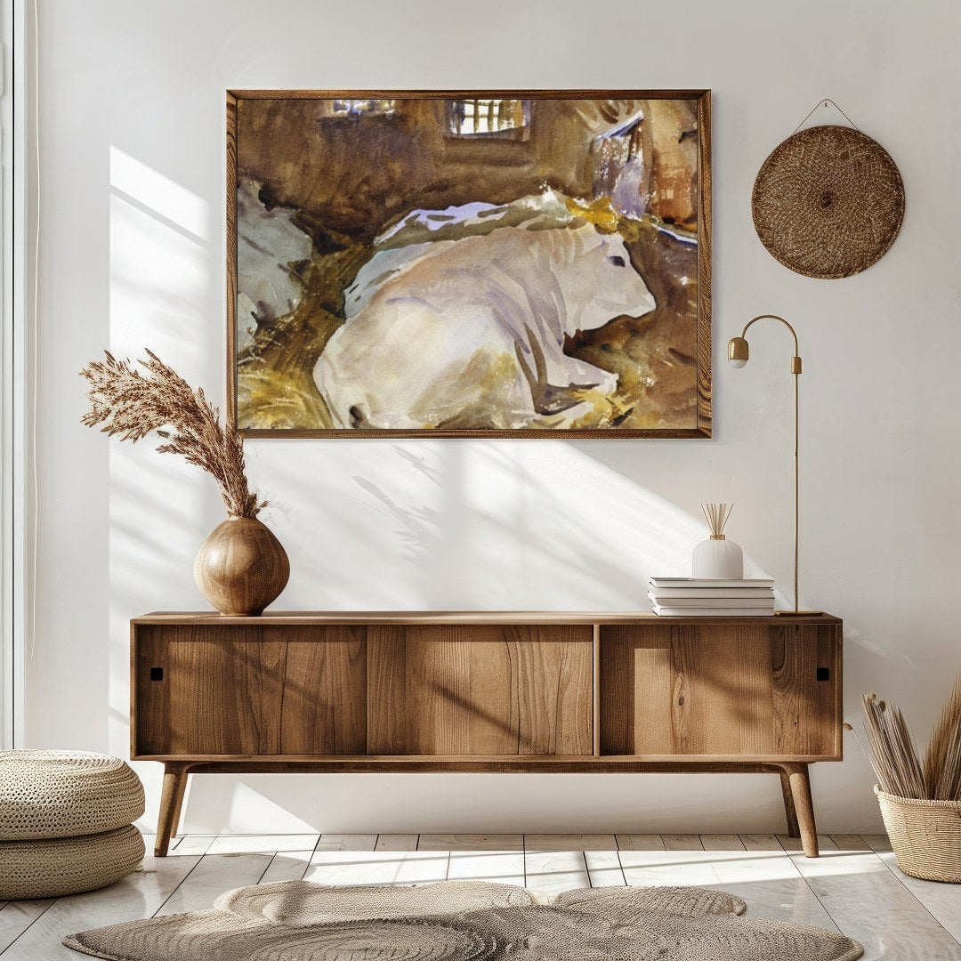 This tranquil watercolor painting captures the peaceful essence of farm life, with cows resting in for Sitting Area