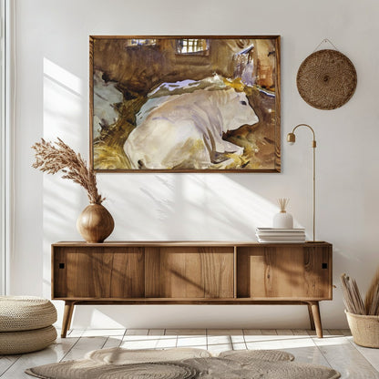 This tranquil watercolor painting captures the peaceful essence of farm life, with cows resting in for Sitting Area