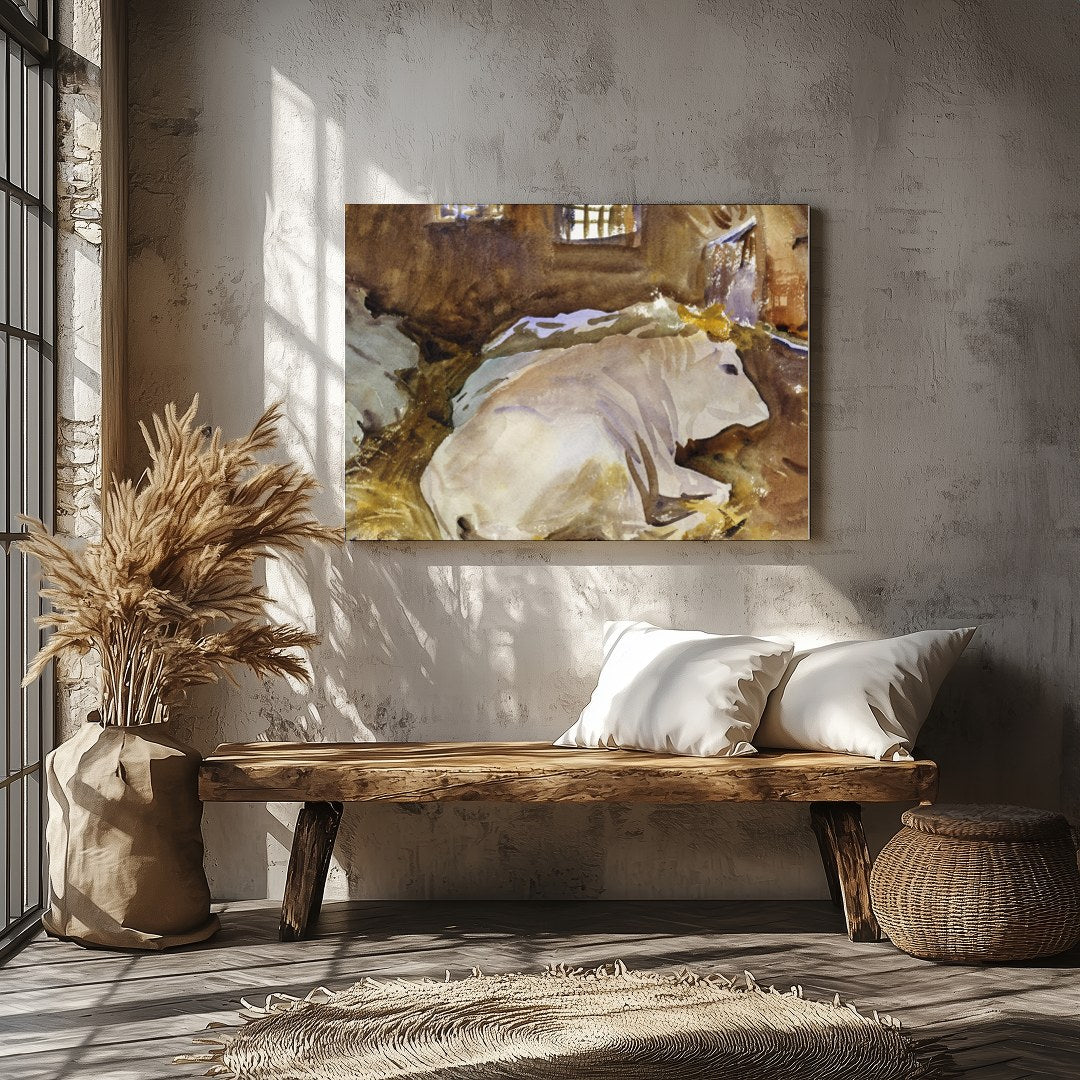 This tranquil watercolor painting captures the peaceful essence of farm life, with cows resting in for Veranda
