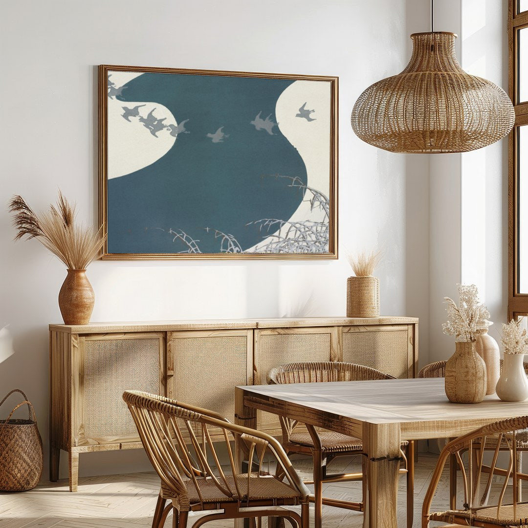 Capture the essence of tranquility with this graceful depiction of birds soaring above a winding for Dining