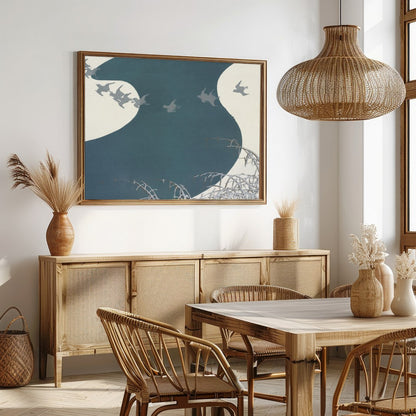 Capture the essence of tranquility with this graceful depiction of birds soaring above a winding for Dining