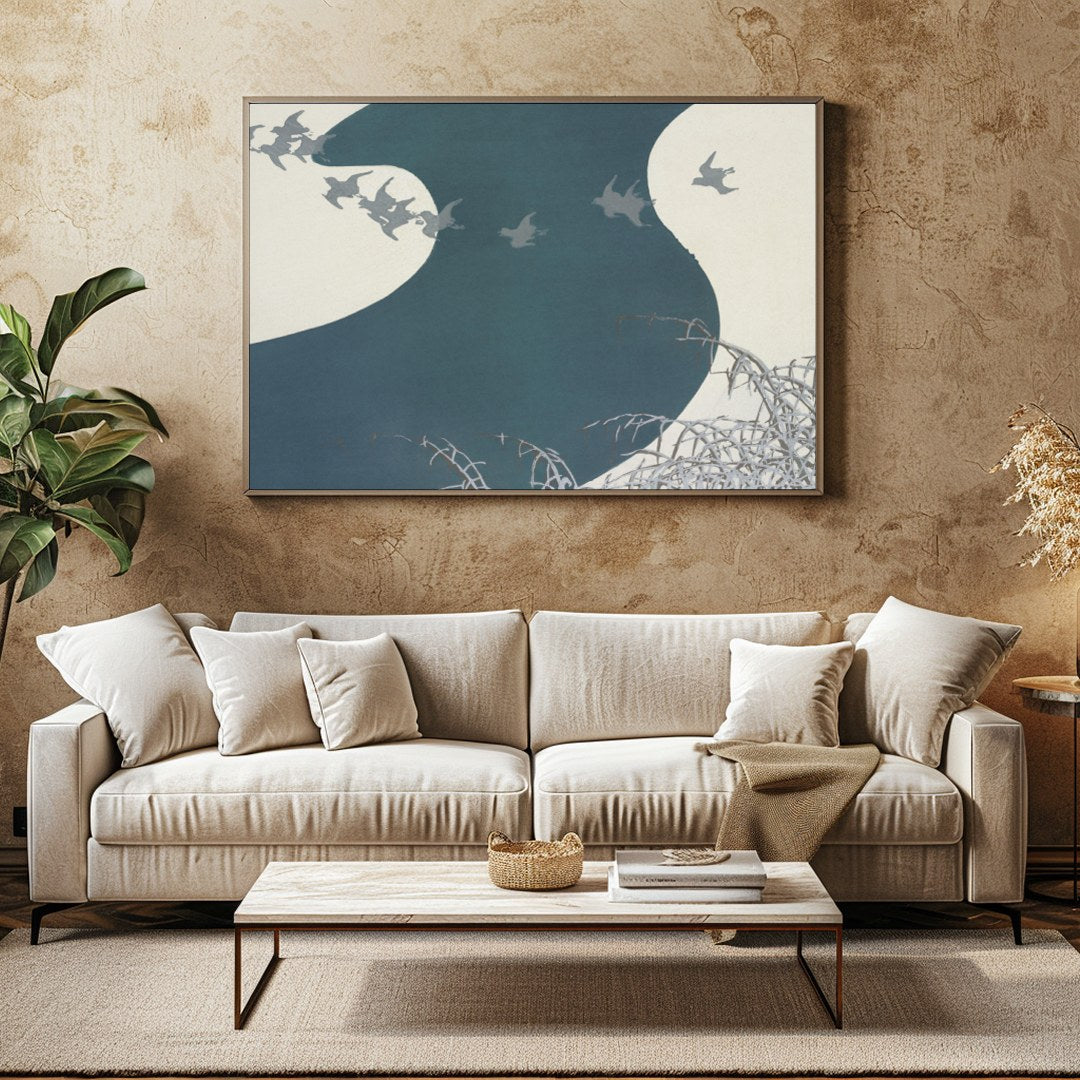 Capture the essence of tranquility with this graceful depiction of birds soaring above a winding for Family Room