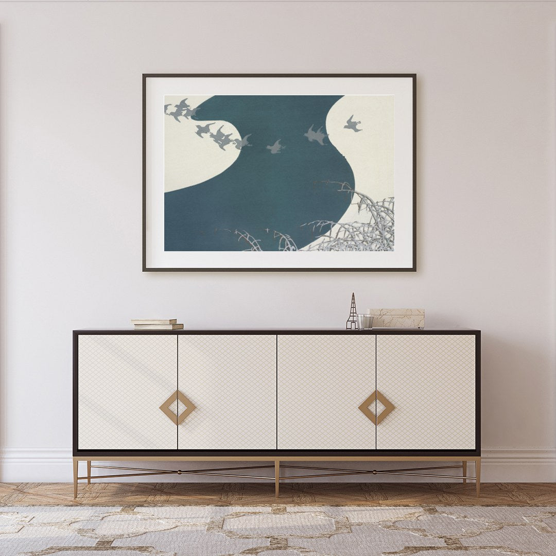 Capture the essence of tranquility with this graceful depiction of birds soaring above a winding for Foyer