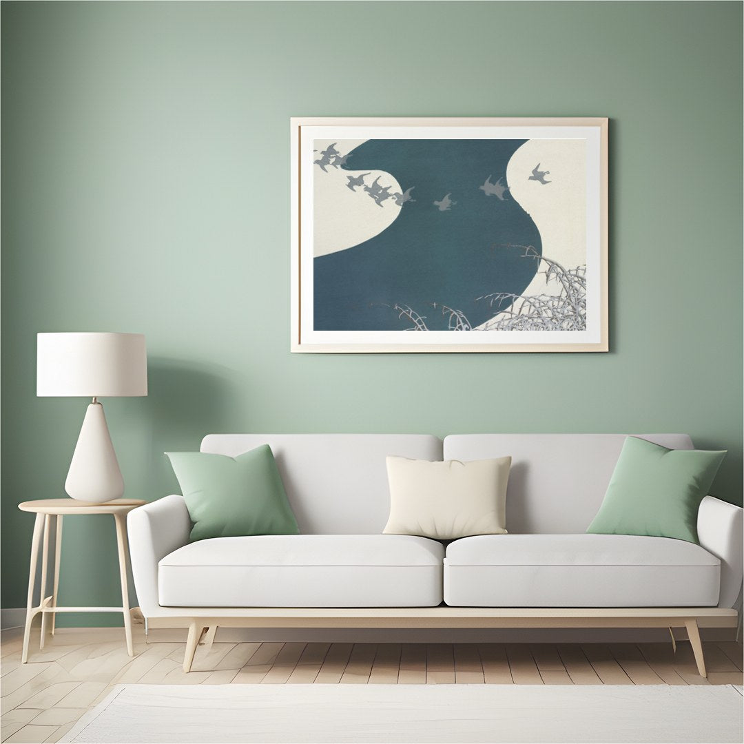 Capture the essence of tranquility with this graceful depiction of birds soaring above a winding for Hall