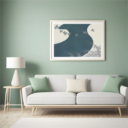 Capture the essence of tranquility with this graceful depiction of birds soaring above a winding for Hall