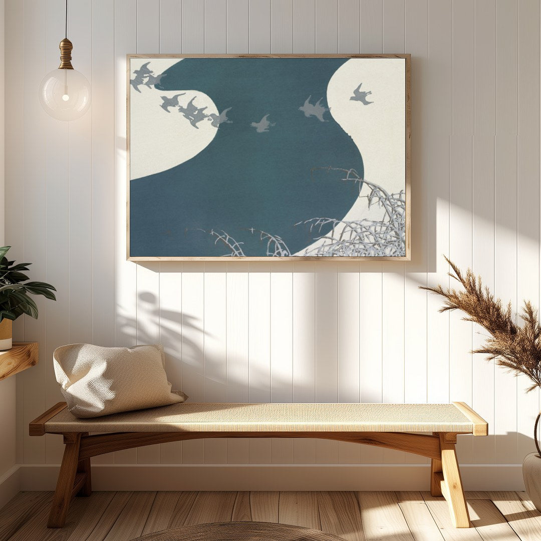 Capture the essence of tranquility with this graceful depiction of birds soaring above a winding for Hallway