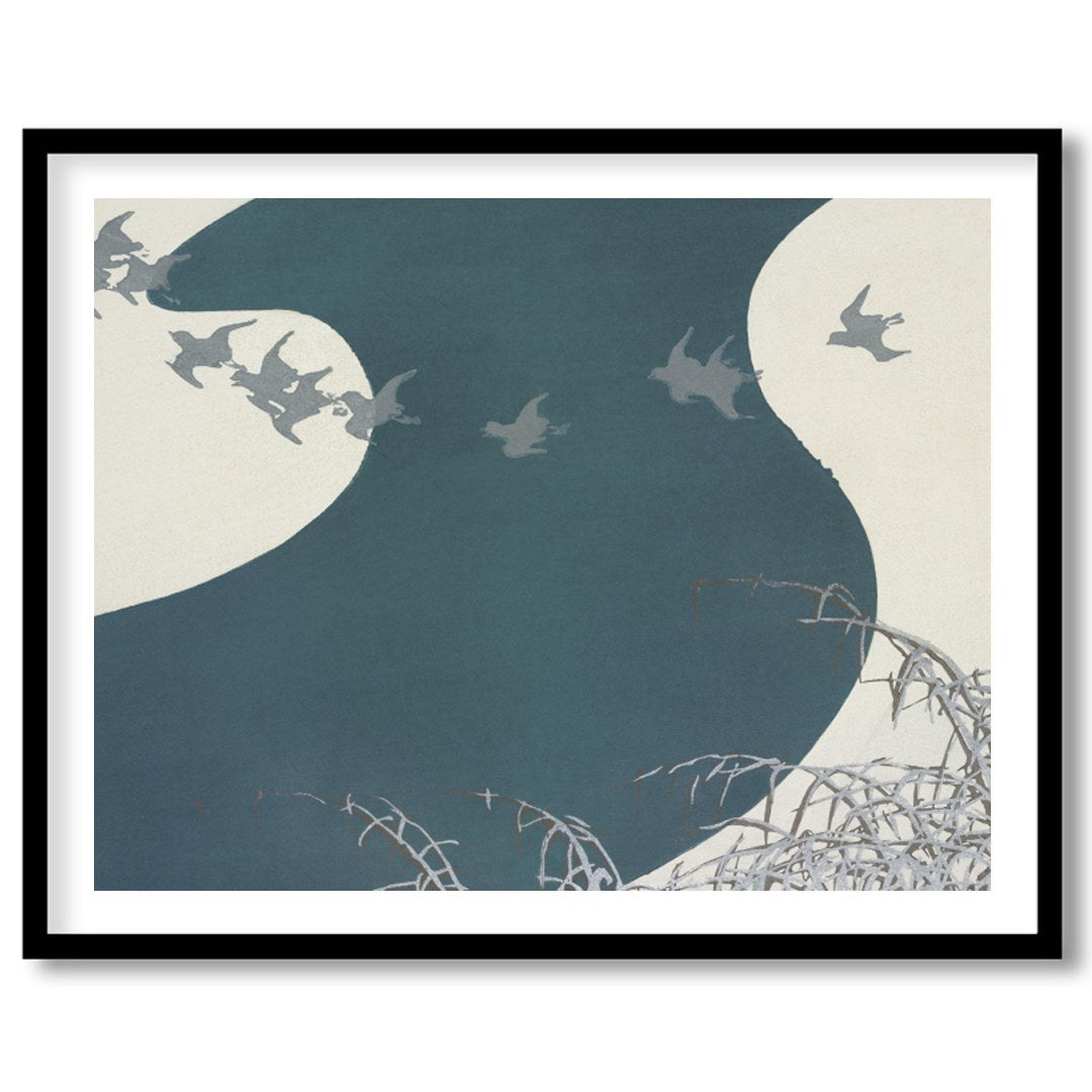 Capture the essence of tranquility with this graceful depiction of birds soaring above a winding for home