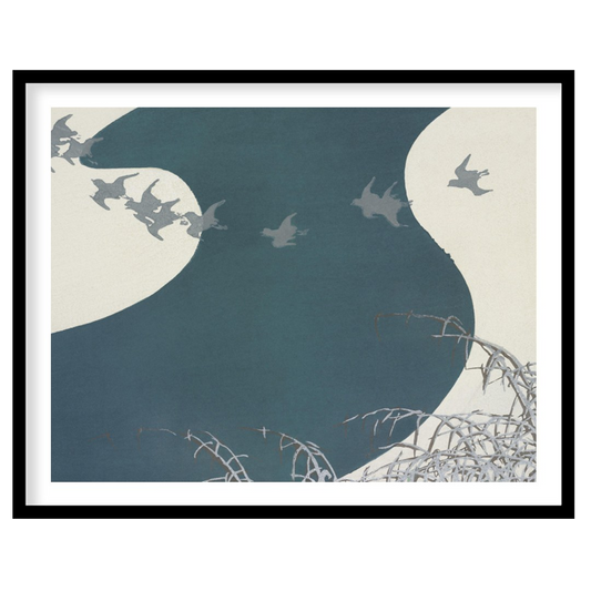 Capture the essence of tranquility with this graceful depiction of birds soaring above a winding for home
