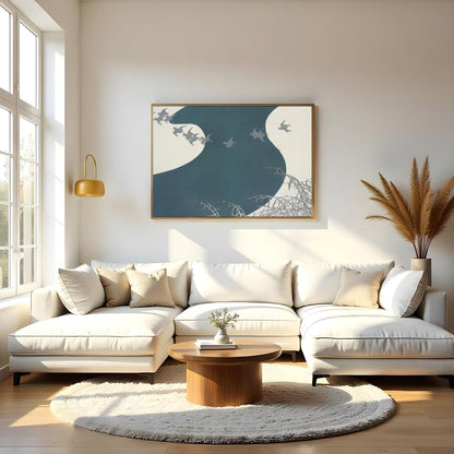 Capture the essence of tranquility with this graceful depiction of birds soaring above a winding for Living Room