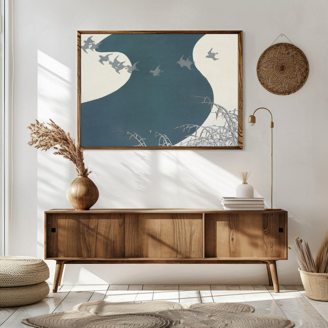 Capture the essence of tranquility with this graceful depiction of birds soaring above a winding for Sitting Area