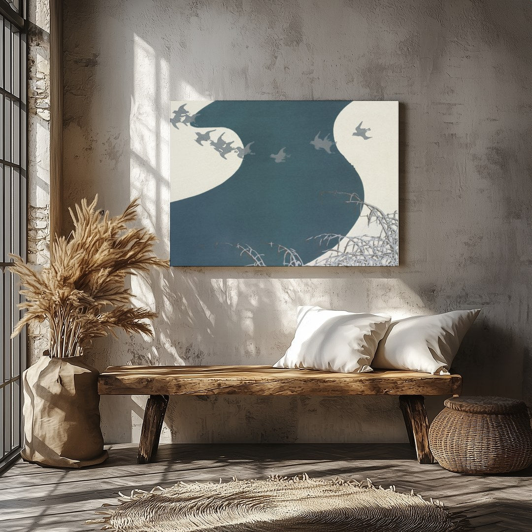 Capture the essence of tranquility with this graceful depiction of birds soaring above a winding for Veranda
