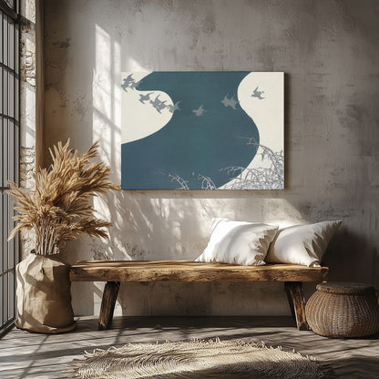 Capture the essence of tranquility with this graceful depiction of birds soaring above a winding for Veranda
