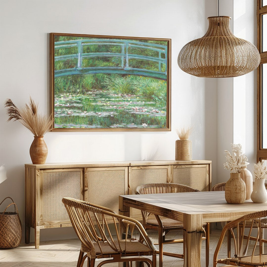 Immerse yourself in tranquility with this exquisite piece depicting a verdant garden bridge over a for Dining