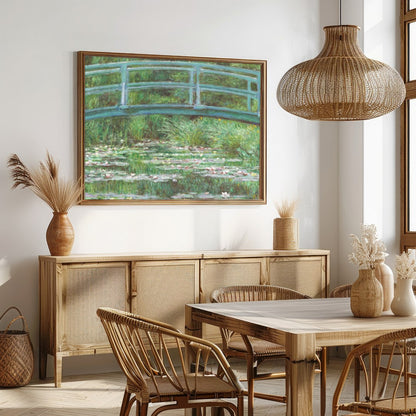 Immerse yourself in tranquility with this exquisite piece depicting a verdant garden bridge over a for Dining