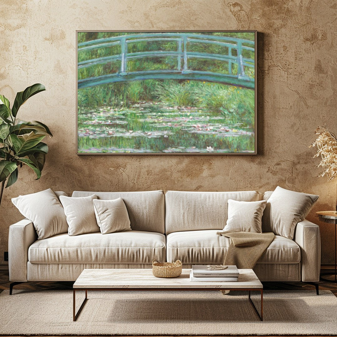 Immerse yourself in tranquility with this exquisite piece depicting a verdant garden bridge over a for Family Room