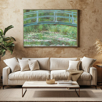 Immerse yourself in tranquility with this exquisite piece depicting a verdant garden bridge over a for Family Room