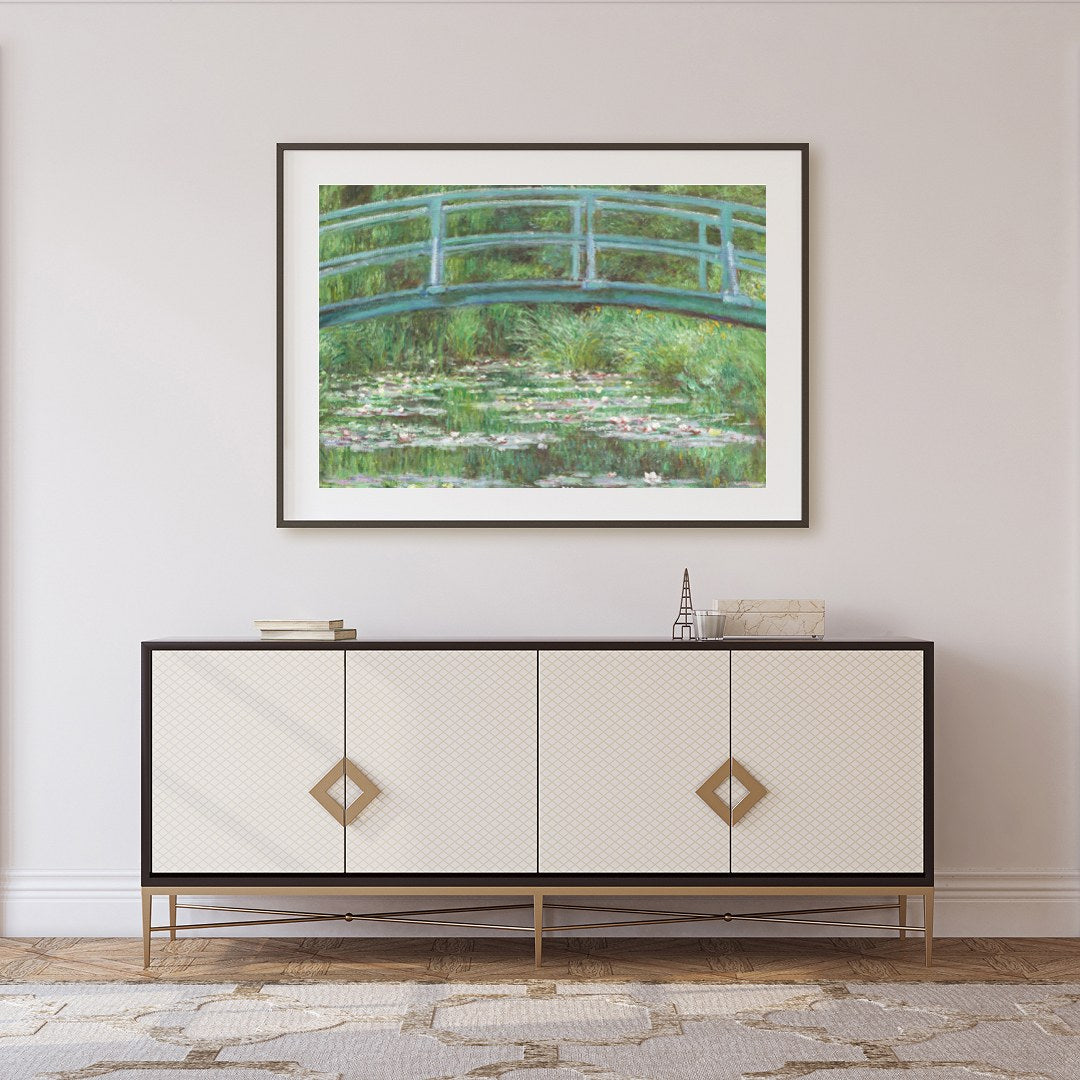 Immerse yourself in tranquility with this exquisite piece depicting a verdant garden bridge over a for Foyer
