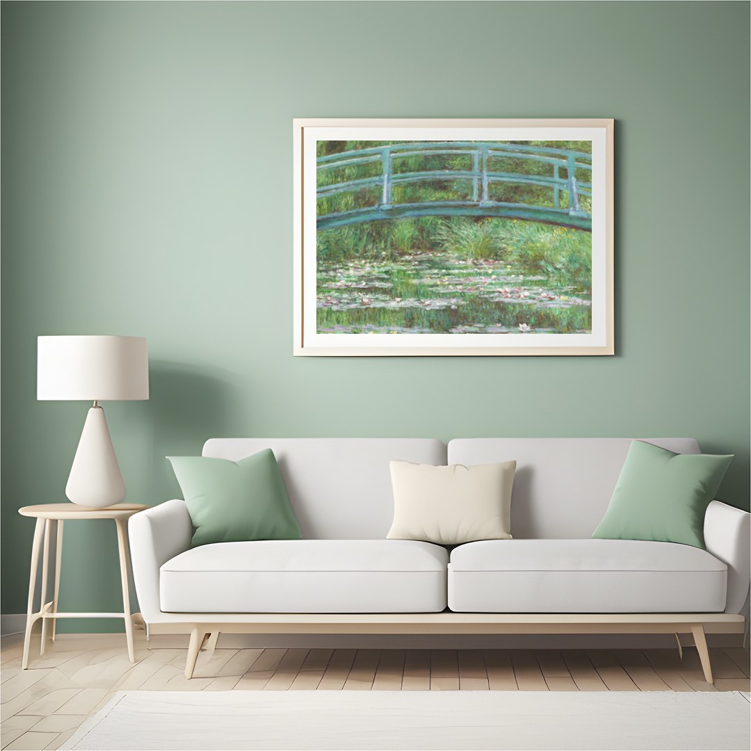 Immerse yourself in tranquility with this exquisite piece depicting a verdant garden bridge over a for Hall