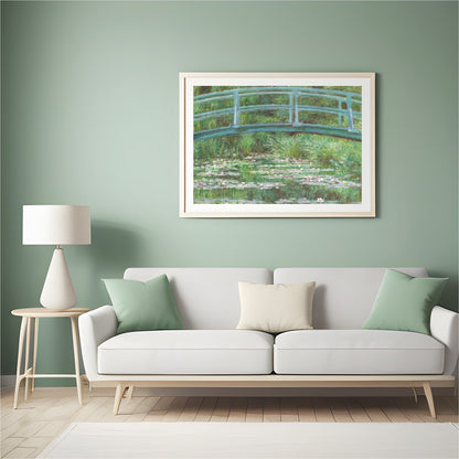 Immerse yourself in tranquility with this exquisite piece depicting a verdant garden bridge over a for Hall