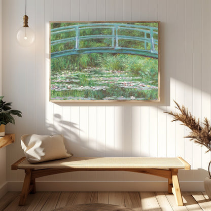 Immerse yourself in tranquility with this exquisite piece depicting a verdant garden bridge over a for Hallway