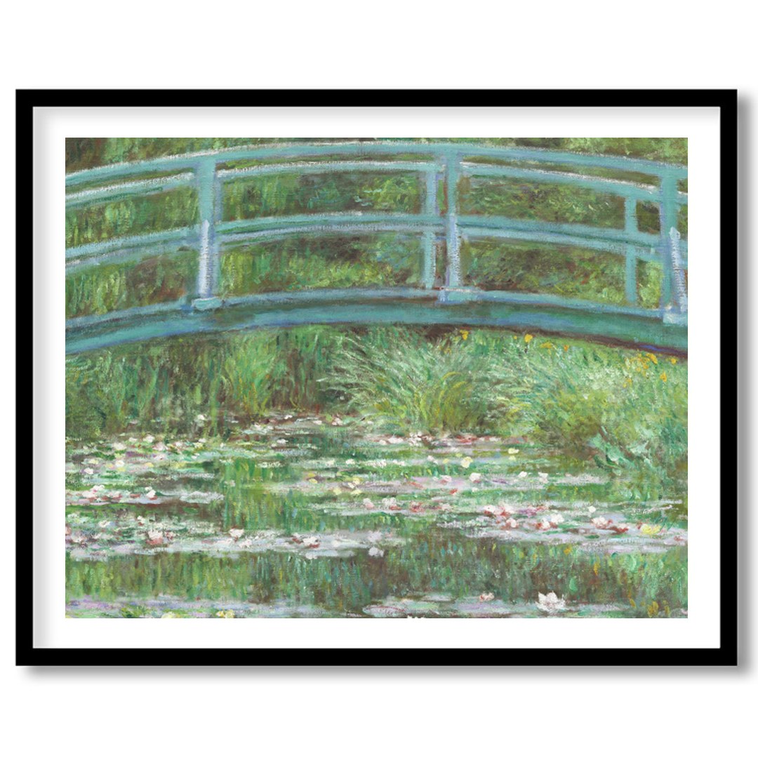 Immerse yourself in tranquility with this exquisite piece depicting a verdant garden bridge over a for house