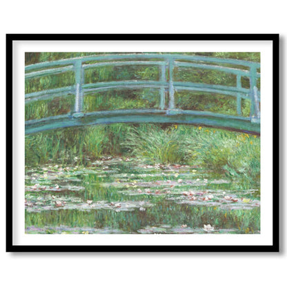 Immerse yourself in tranquility with this exquisite piece depicting a verdant garden bridge over a for house