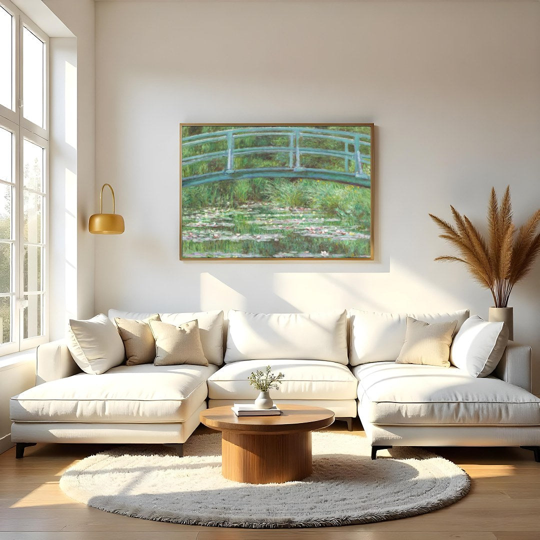 Immerse yourself in tranquility with this exquisite piece depicting a verdant garden bridge over a for Living Room