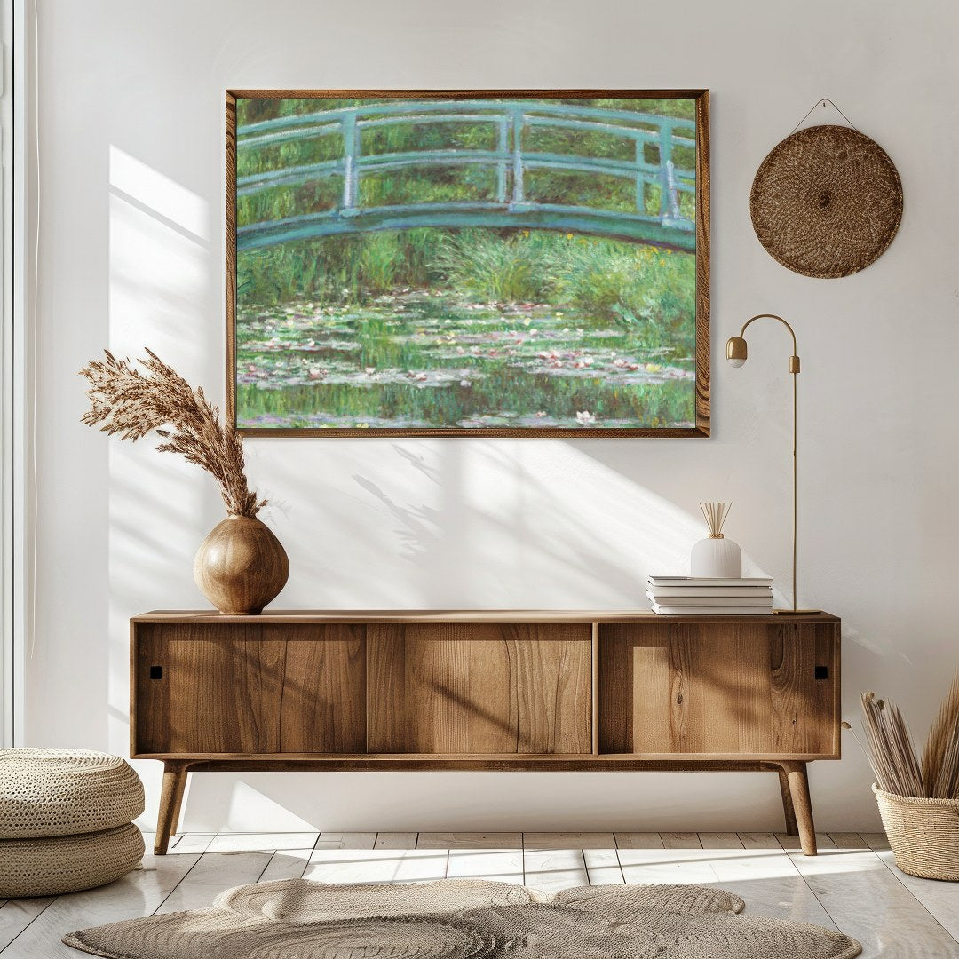 Immerse yourself in tranquility with this exquisite piece depicting a verdant garden bridge over a for Sitting Area