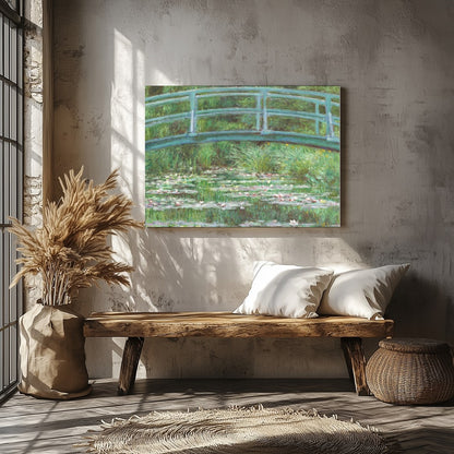 Immerse yourself in tranquility with this exquisite piece depicting a verdant garden bridge over a for Veranda