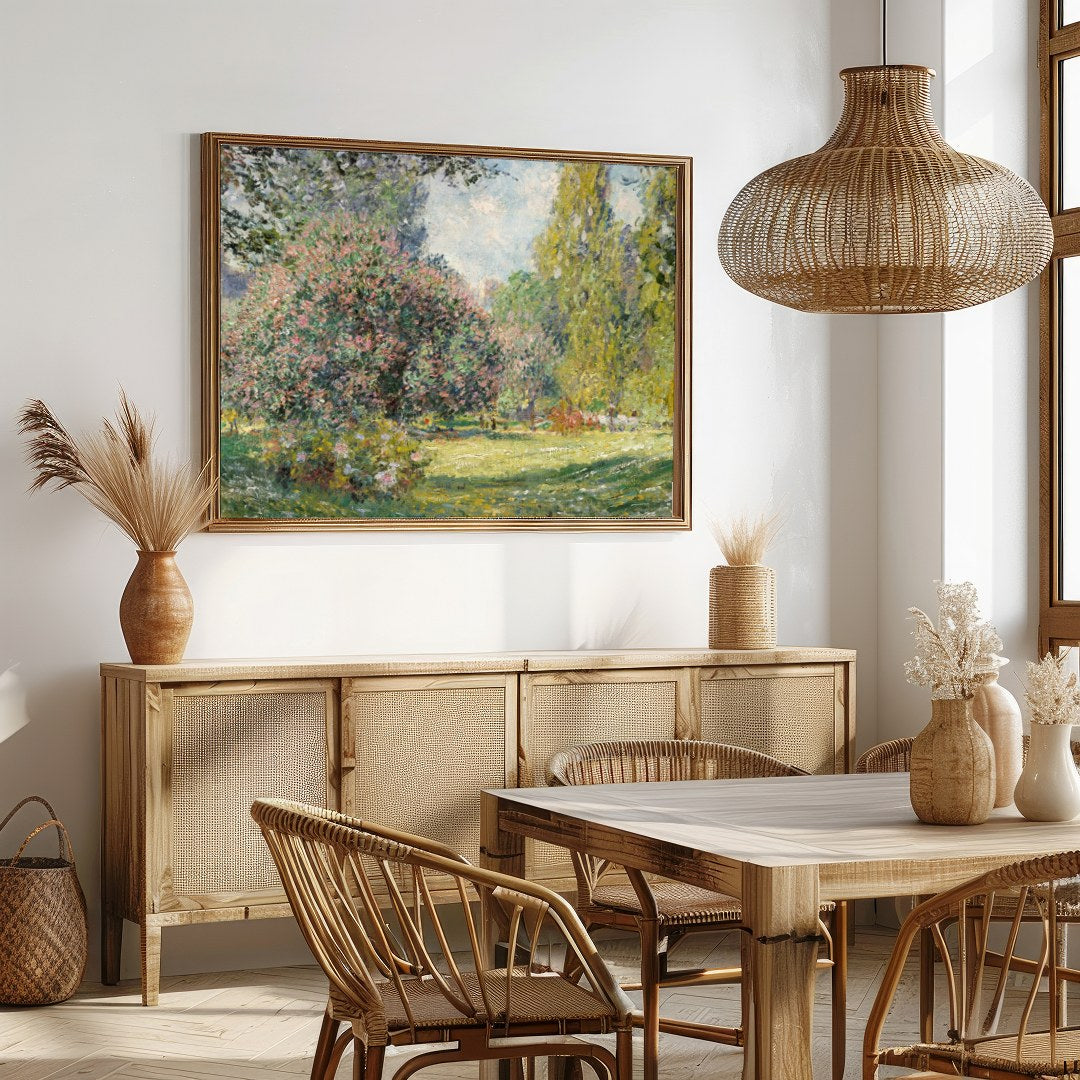 Immerse yourself in the tranquility of this impressionist landscape, capturing the essence of a for Dining