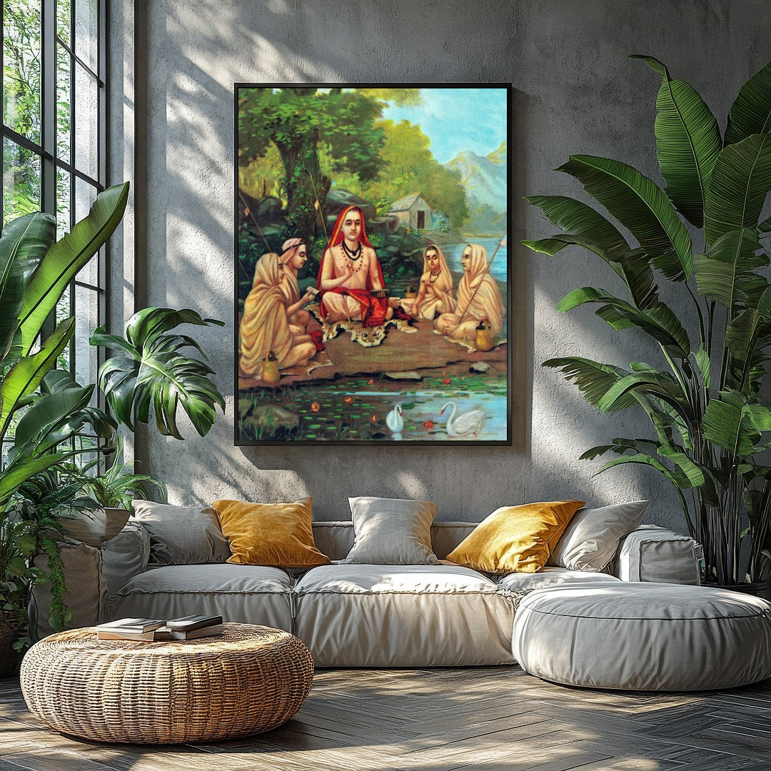 Immerse yourself in tranquility with this captivating artwork depicting a serene gathering beside a for Balcony