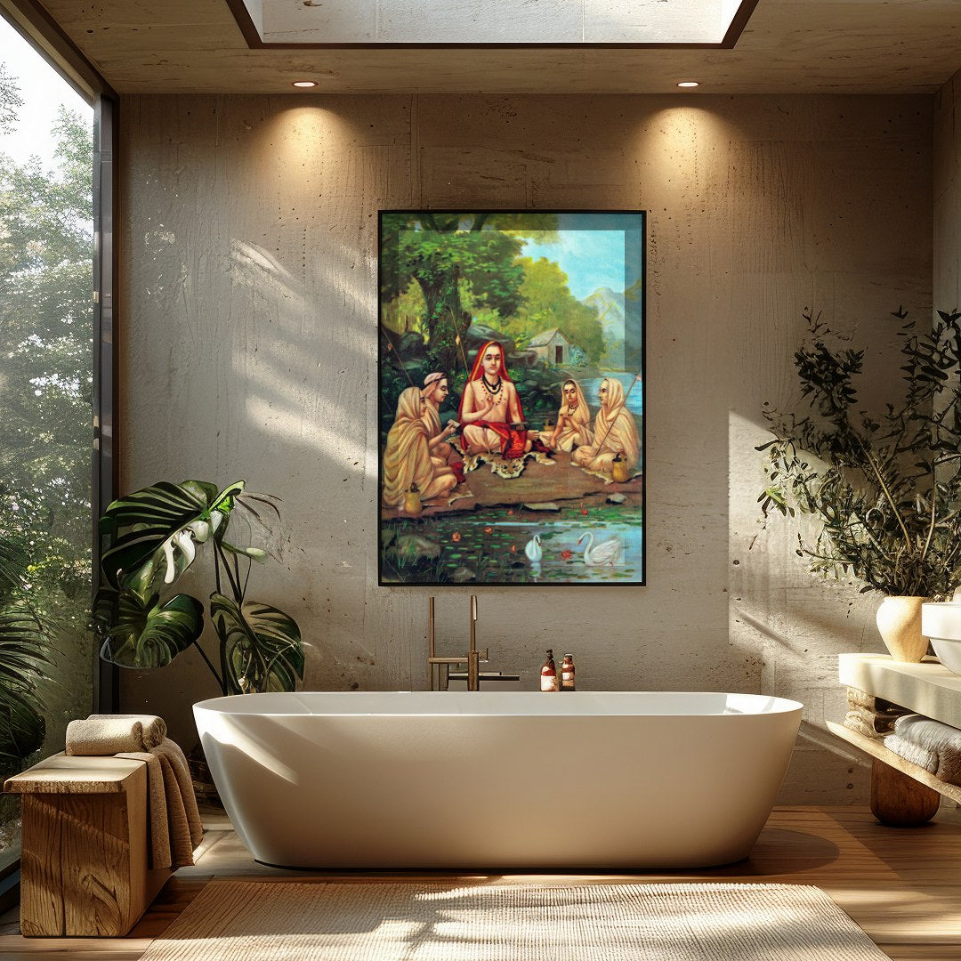 Immerse yourself in tranquility with this captivating artwork depicting a serene gathering beside a for Bathroom