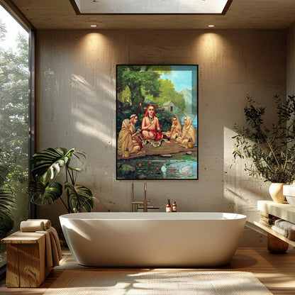 Immerse yourself in tranquility with this captivating artwork depicting a serene gathering beside a for Bathroom