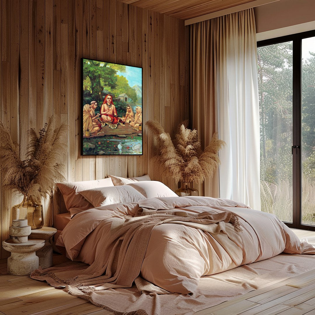 Immerse yourself in tranquility with this captivating artwork depicting a serene gathering beside a for Bedroom