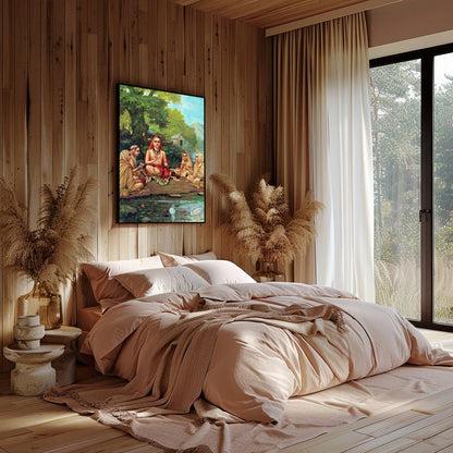Immerse yourself in tranquility with this captivating artwork depicting a serene gathering beside a for Bedroom