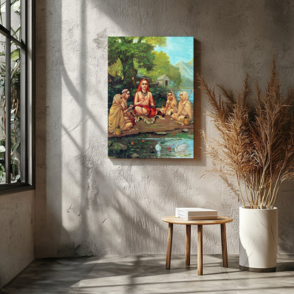 Immerse yourself in tranquility with this captivating artwork depicting a serene gathering beside a for Entrance