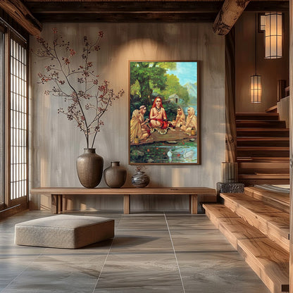 Immerse yourself in tranquility with this captivating artwork depicting a serene gathering beside a for Hall