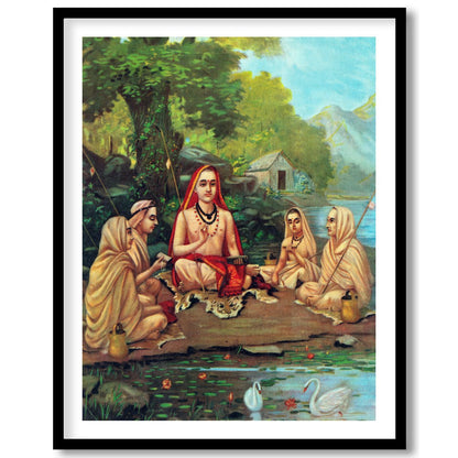 Immerse yourself in tranquility with this captivating artwork depicting a serene gathering beside a for hallway