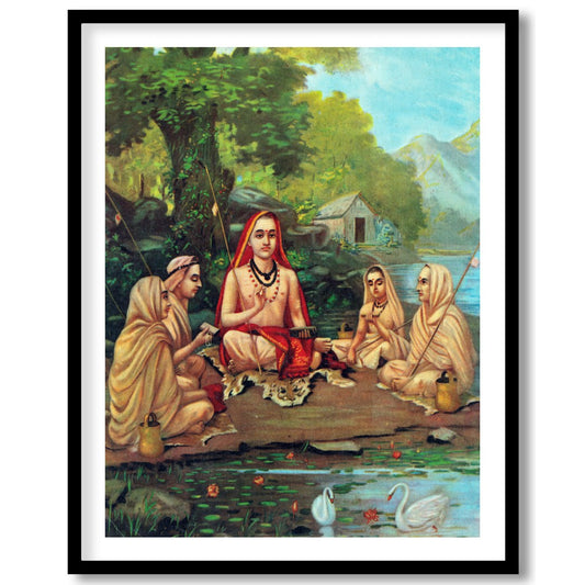 Immerse yourself in tranquility with this captivating artwork depicting a serene gathering beside a for hallway