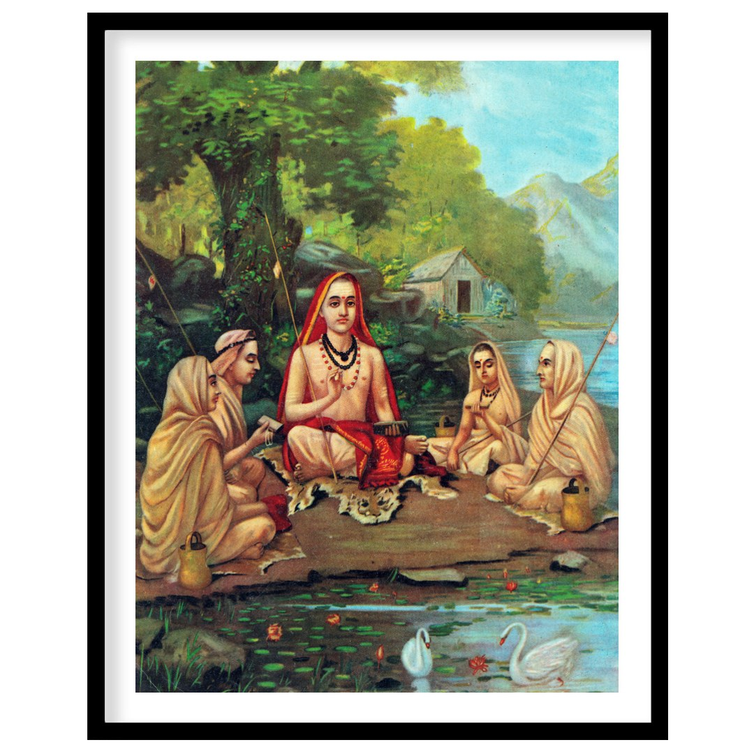 Immerse yourself in tranquility with this captivating artwork depicting a serene gathering beside a for hallway
