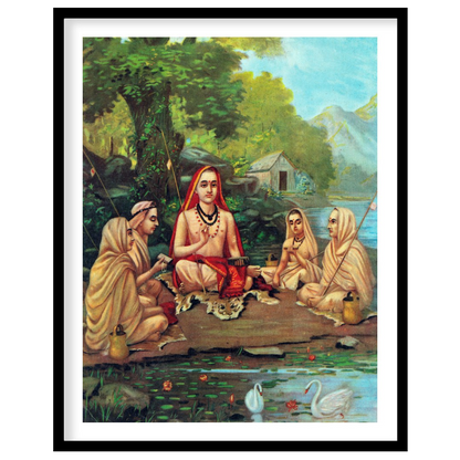 Immerse yourself in tranquility with this captivating artwork depicting a serene gathering beside a for hallway