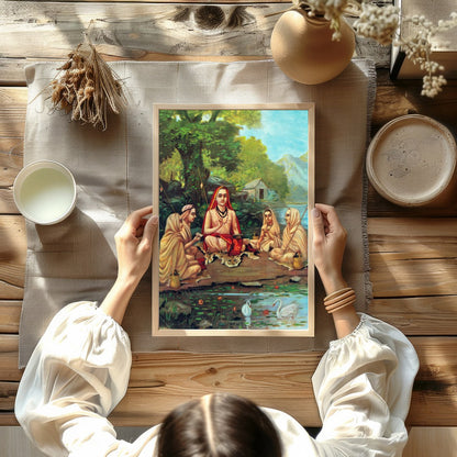 Immerse yourself in tranquility with this captivating artwork depicting a serene gathering beside a for Kitchen
